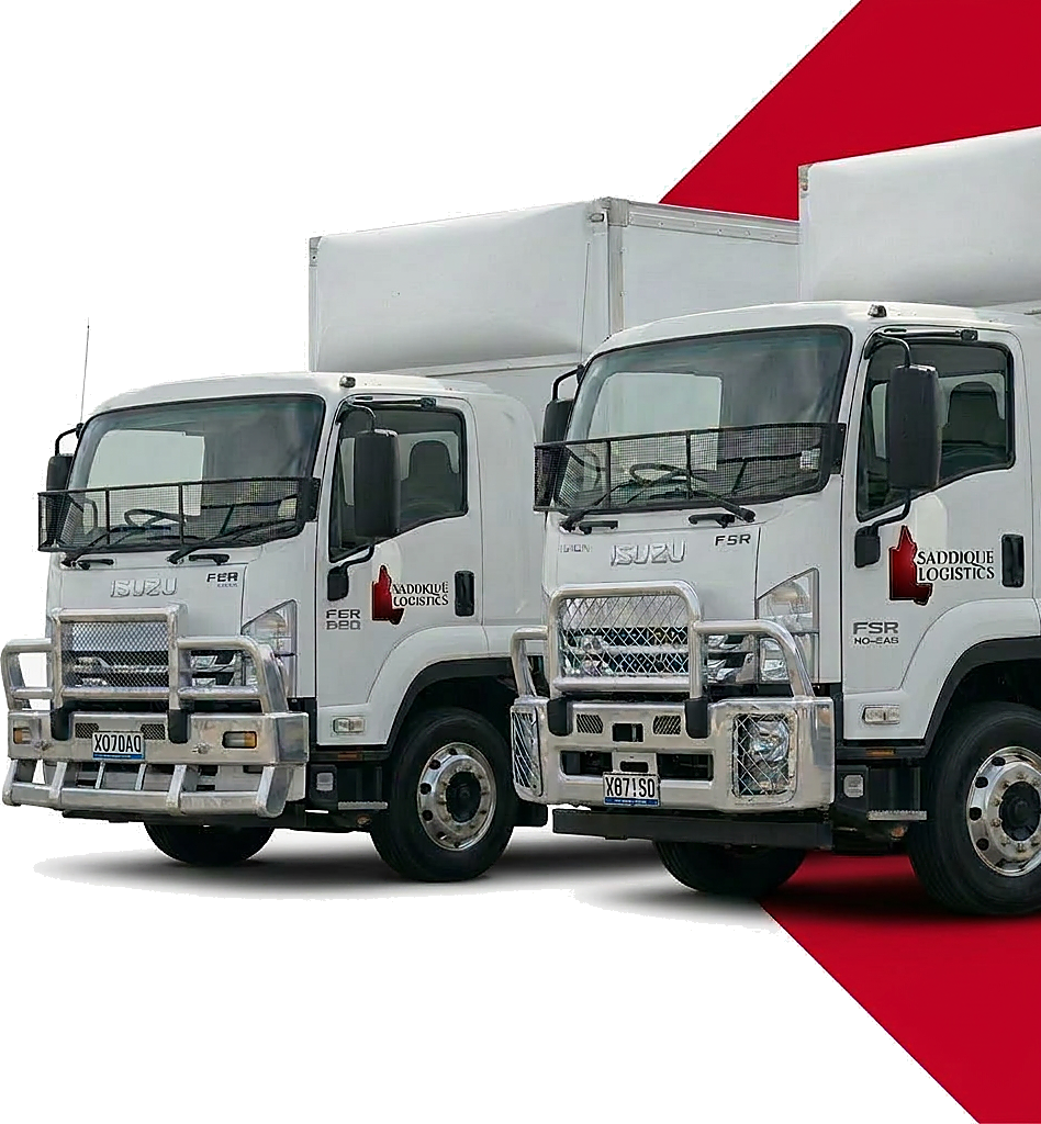 Saddique Logistics fleet — branded Isuzu trucks, Townsville depot